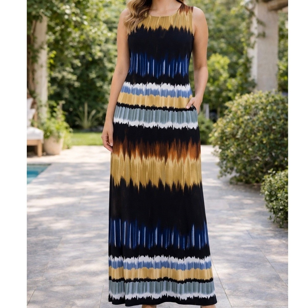 Sandra Darren Ikat Stripe Maxi Dress 20W Blue Yellow Sleeveless Tribal Lagenlook